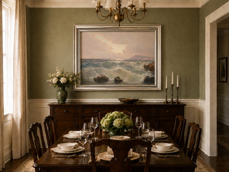 Landscape oil painting of coastal waves at dusk displayed in a dining room interior.
