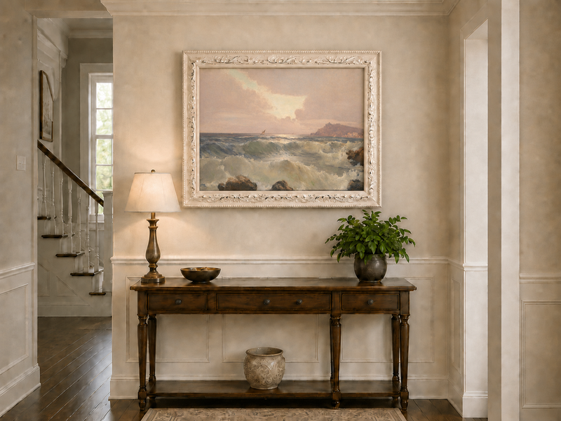 Landscape oil painting of coastal waves at dusk displayed above a console table in a hallway interior.