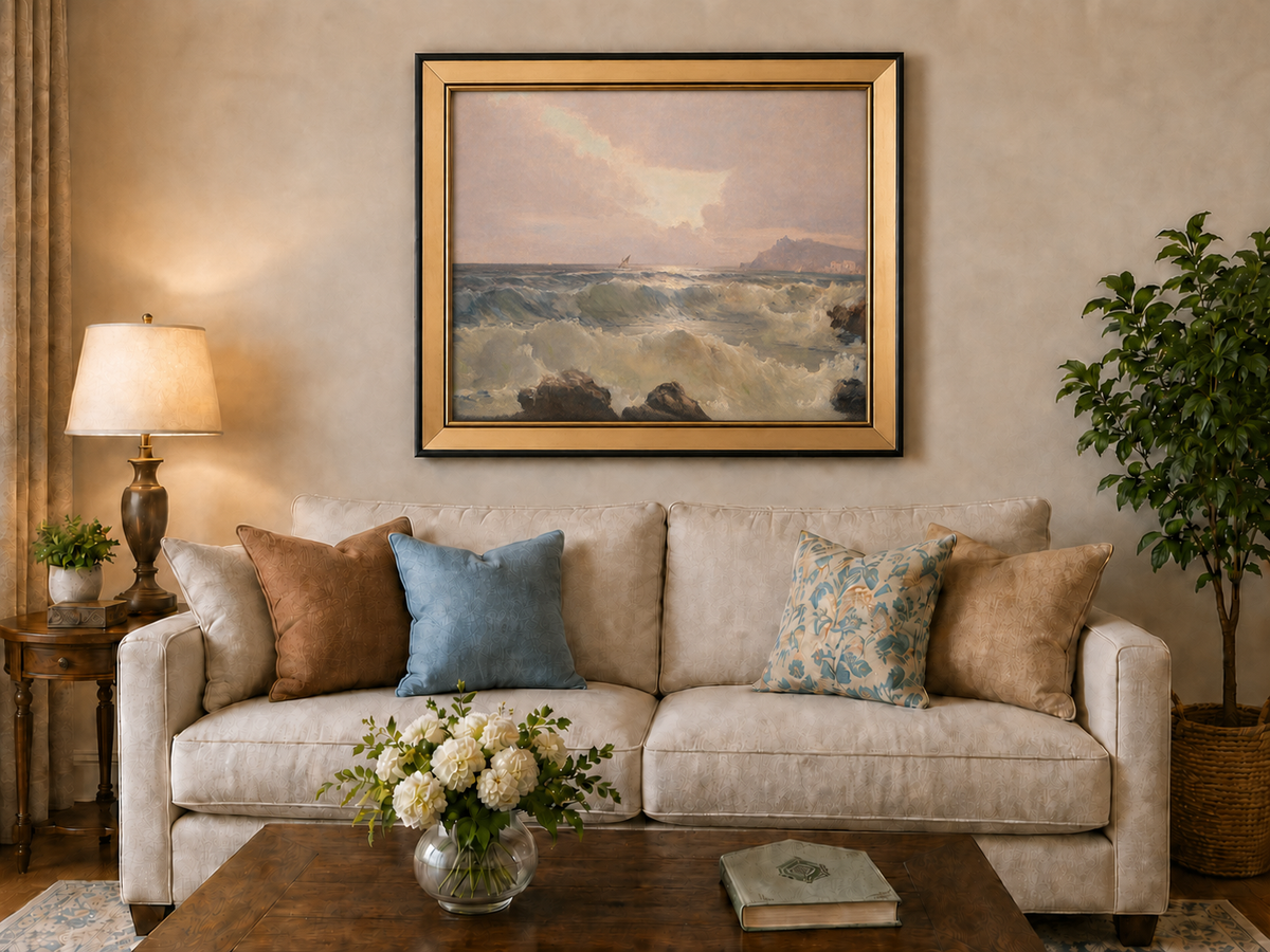 Landscape oil painting of coastal waves at dusk displayed above a sofa in a living room interior.