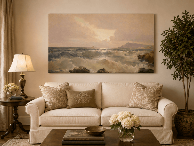 Landscape Oil Painting - Ocean decor & coastal waves dusk island