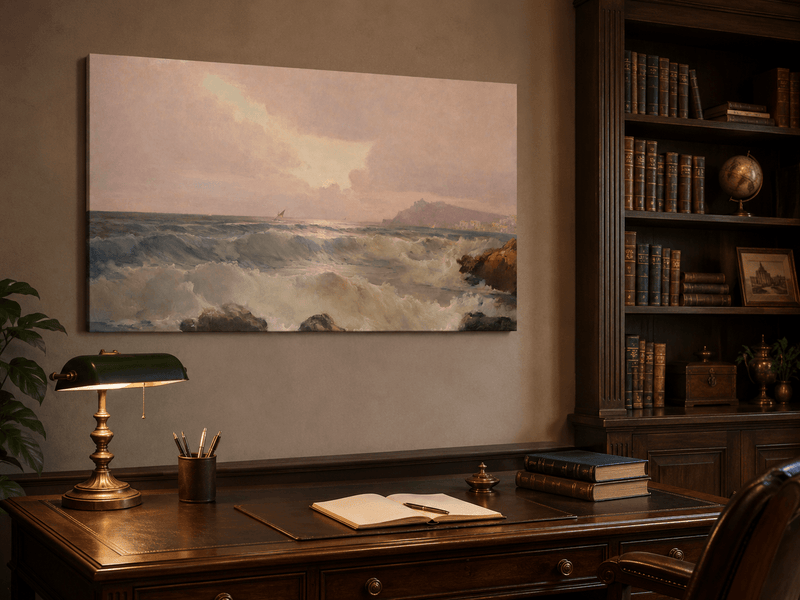 Landscape Oil Painting - Ocean decor & coastal waves dusk island
