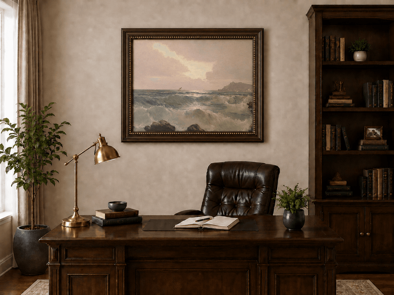 Landscape oil painting of coastal waves at dusk displayed above a desk in a home office interior.