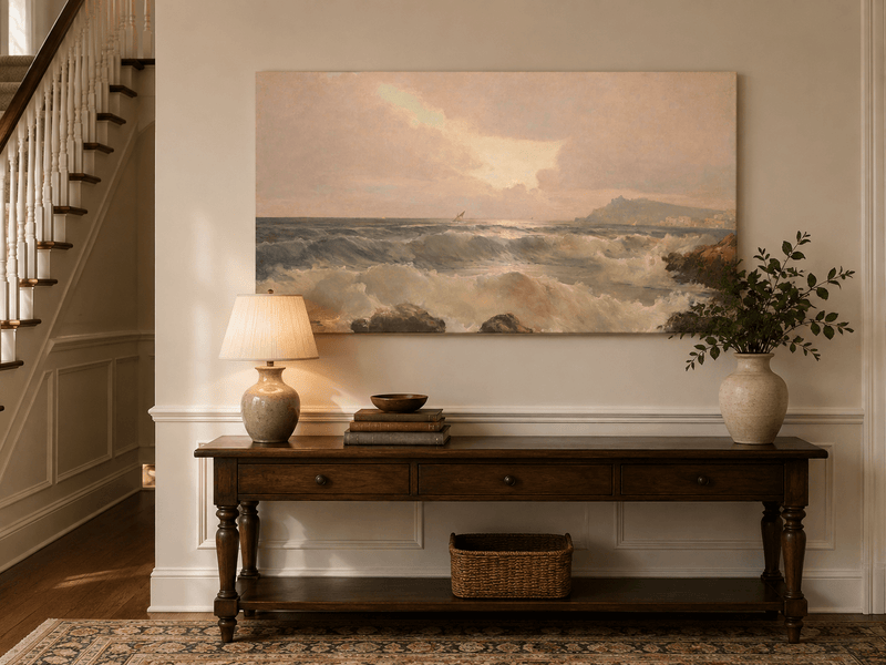 Landscape Oil Painting - Ocean decor & coastal waves dusk island