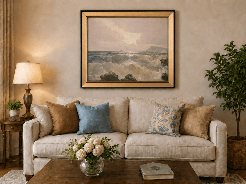 Landscape oil painting of coastal waves at dusk displayed above a sofa in a living room interior.