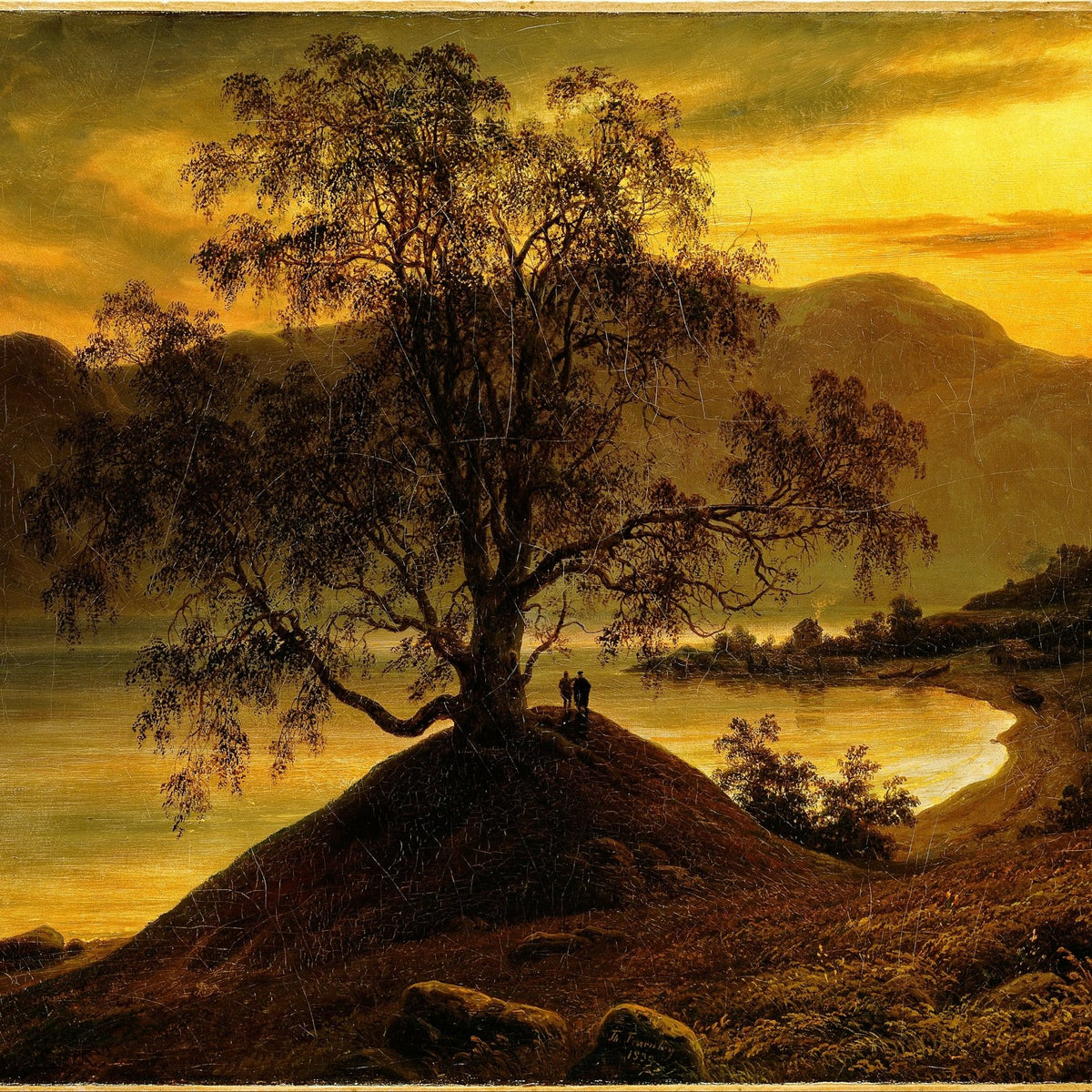 Hand-painted old birch tree by golden sognefjord landscape oil painting on canvas