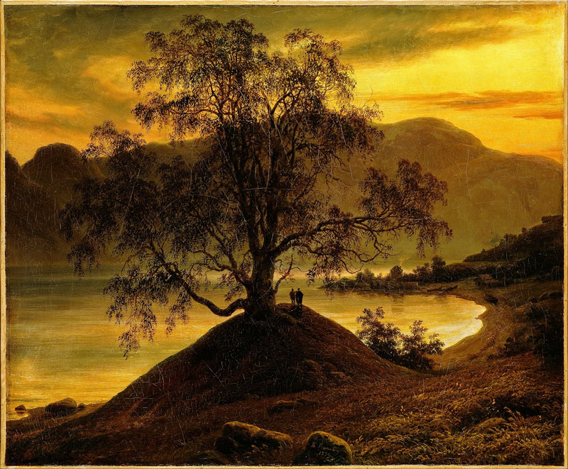 Hand-painted old birch tree by golden sognefjord landscape oil painting on canvas