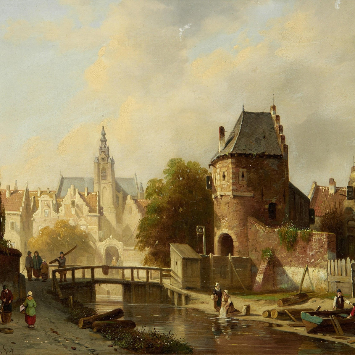 Hand-painted old canal bridge and brick tower landscape oil painting on canvas