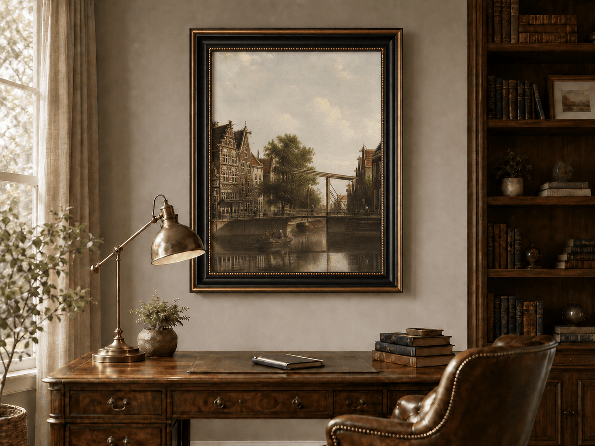 Landscape Oil Painting - Old Canal Bridge with Rowboat