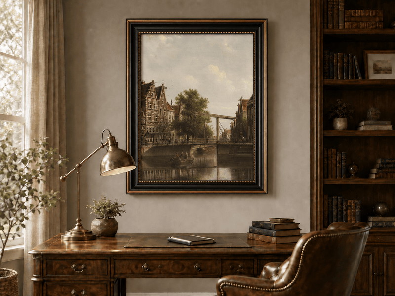 Landscape Oil Painting - Old Canal Bridge with Rowboat