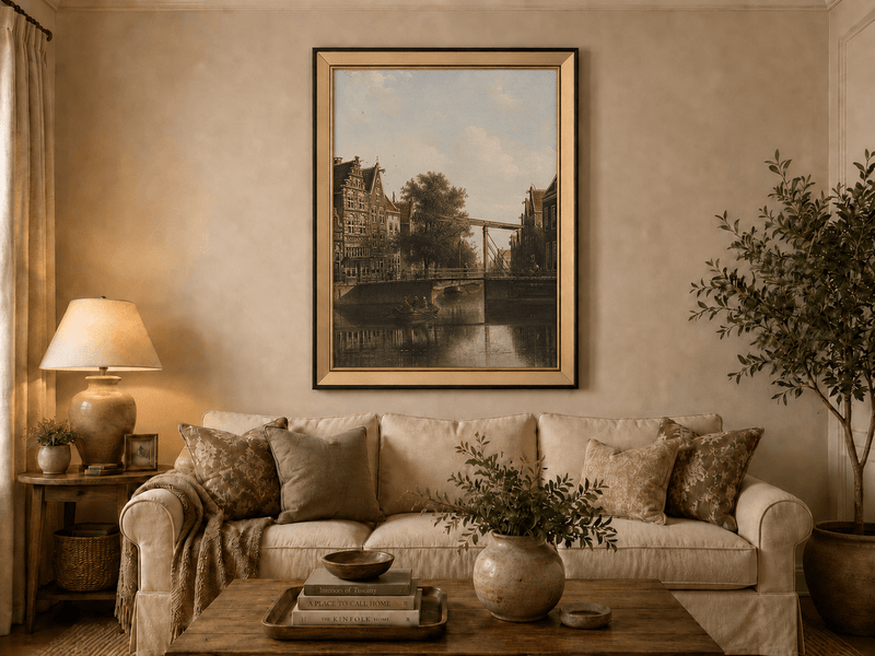 Landscape Oil Painting - Old Canal Bridge with Rowboat