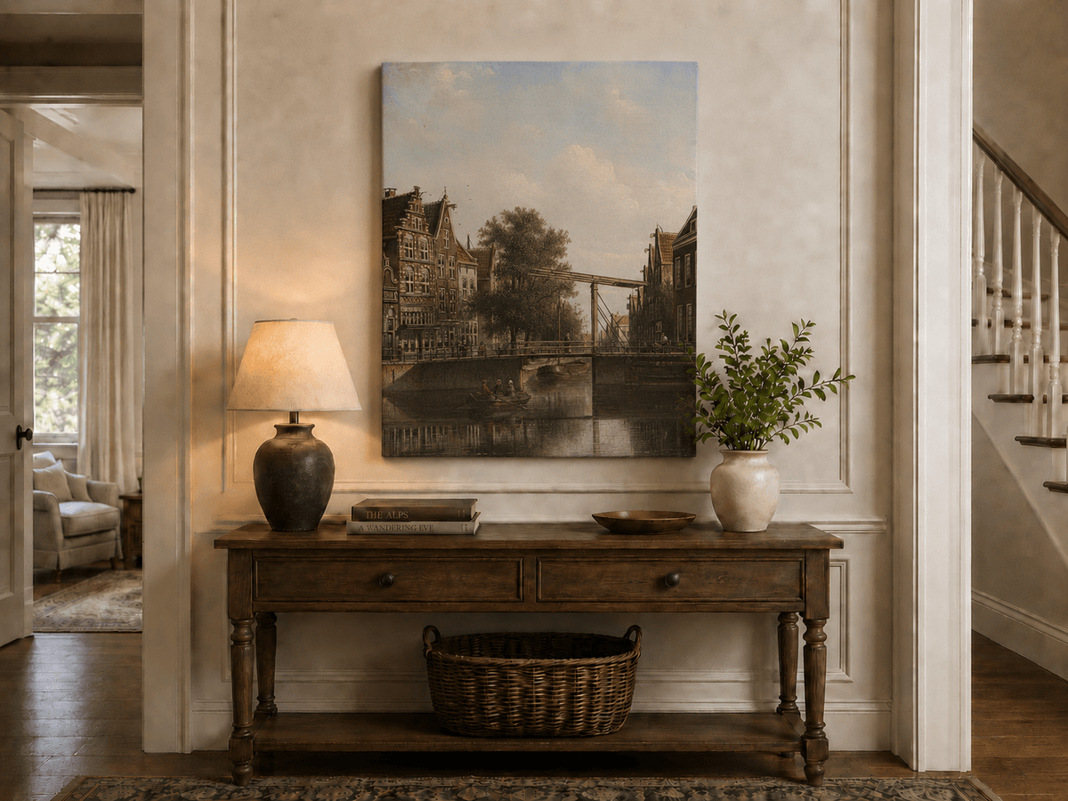 Landscape Oil Painting - Old Canal Bridge with Rowboat