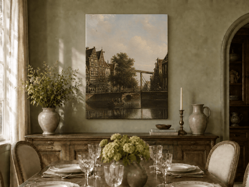 Landscape Oil Painting - Old Canal Bridge with Rowboat