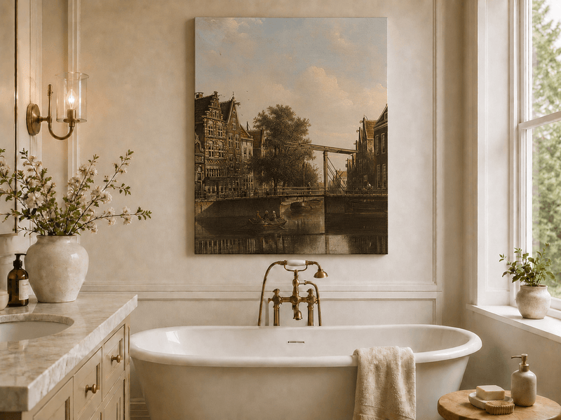 Landscape Oil Painting - Old Canal Bridge with Rowboat
