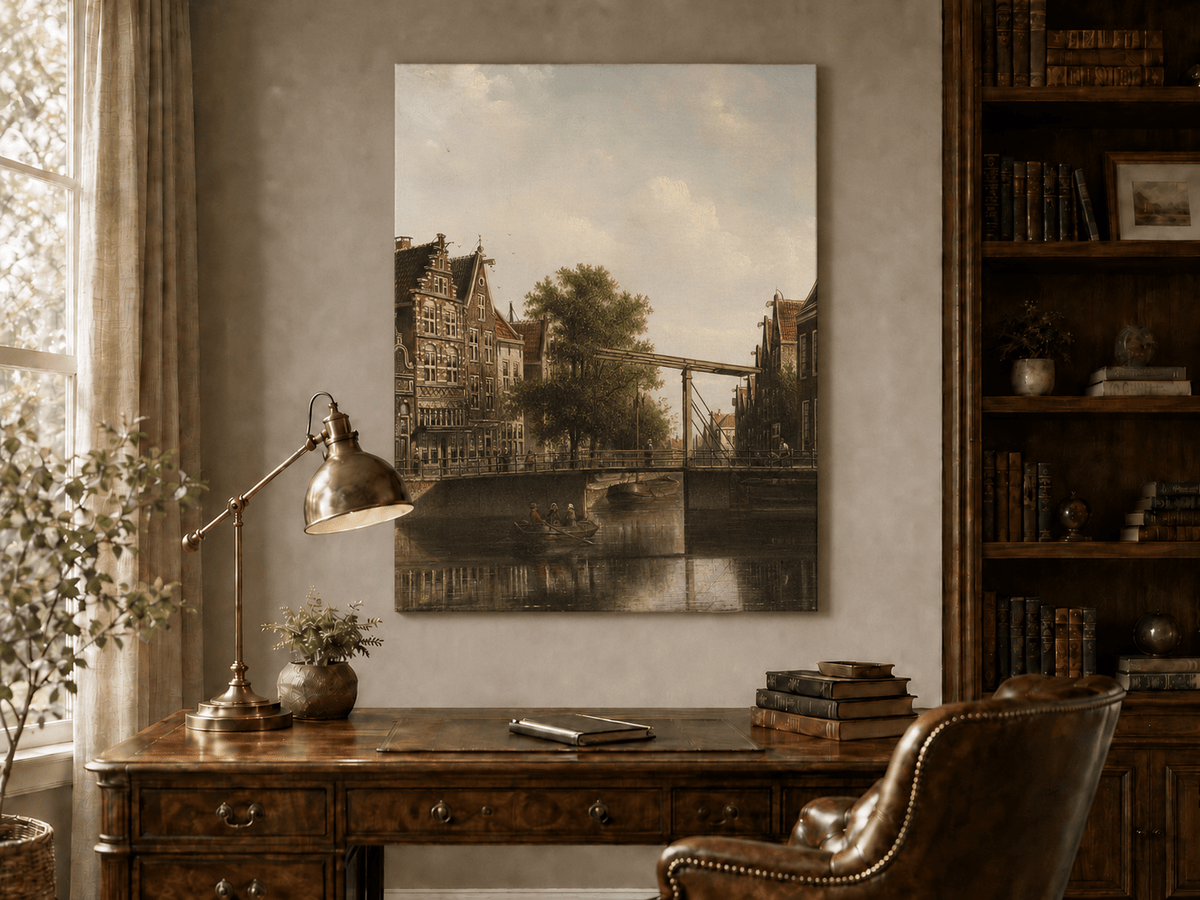 Landscape Oil Painting - Old Canal Bridge with Rowboat