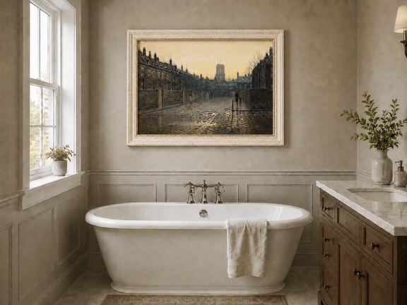 Historic Chelsea street landscape oil painting presented as interior home decor.