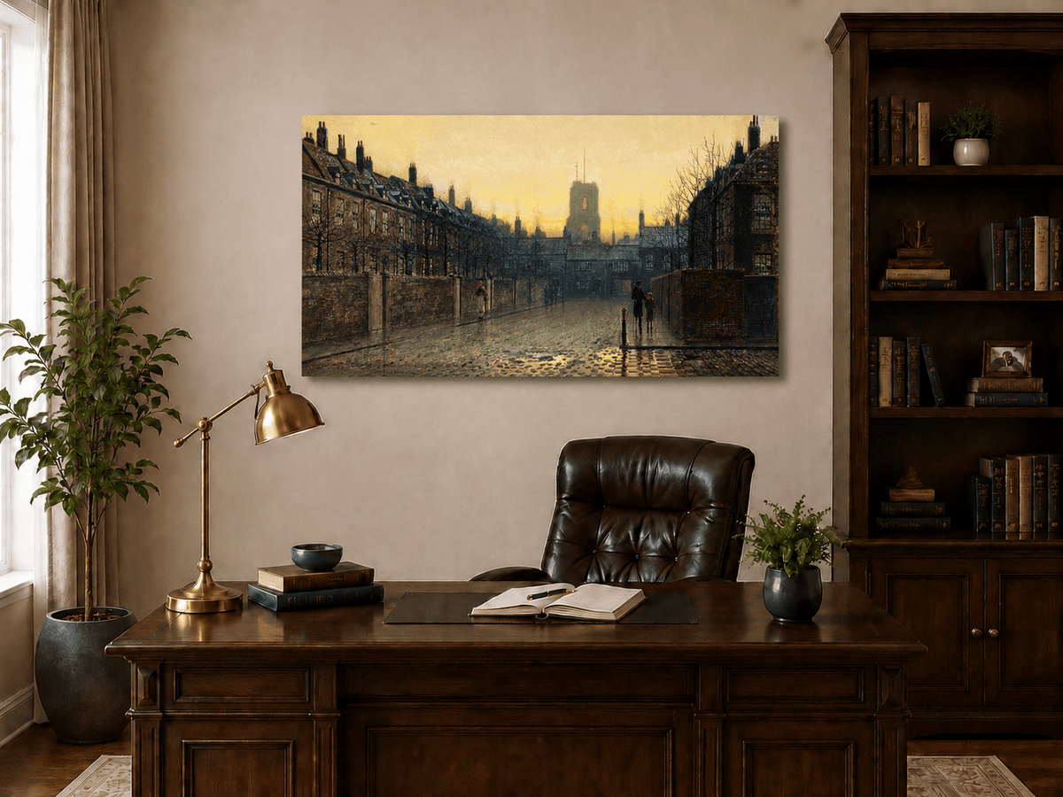 Interior wall art view featuring Old Chelsea Street at sunset oil painting.