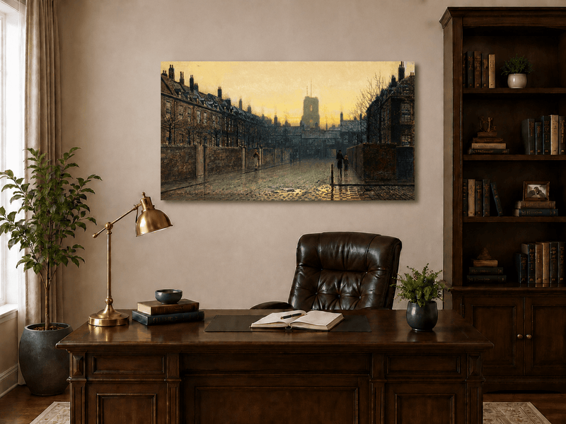 Interior wall art view featuring Old Chelsea Street at sunset oil painting.
