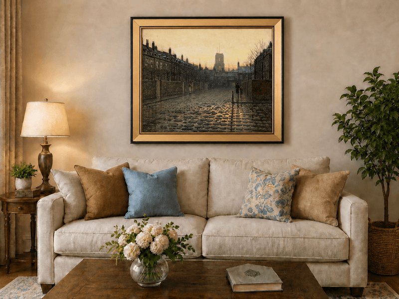 Old Chelsea Street at sunset landscape oil painting displayed in a styled home interior.