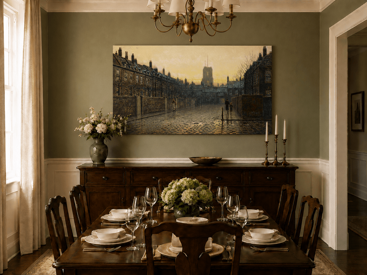 Hand-painted historic Chelsea street landscape artwork in an interior display.