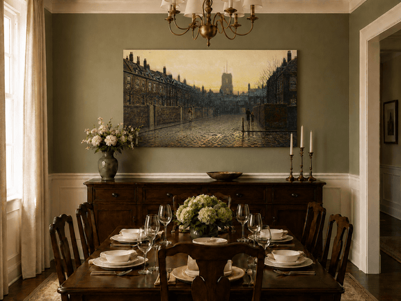 Hand-painted historic Chelsea street landscape artwork in an interior display.