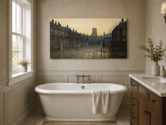 Old Chelsea Street at sunset landscape oil painting presented as styled home decor.