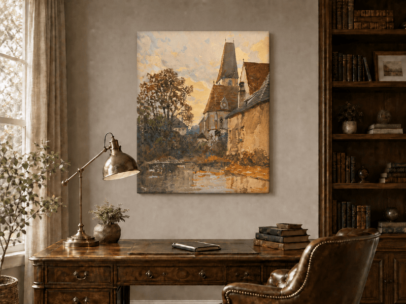 Landscape Oil Painting - Old Church Beside a Quiet Village Stream