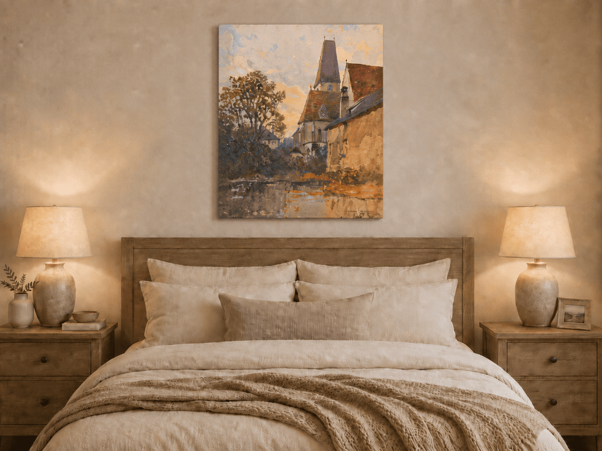 Landscape Oil Painting - Old Church Beside a Quiet Village Stream