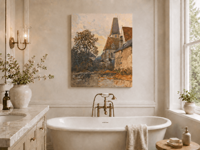 Landscape Oil Painting - Old Church Beside a Quiet Village Stream