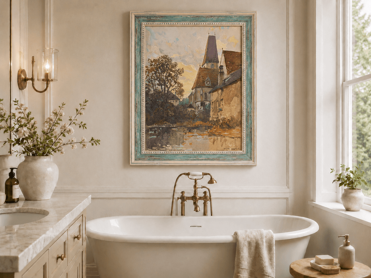 Landscape Oil Painting - Old Church Beside a Quiet Village Stream