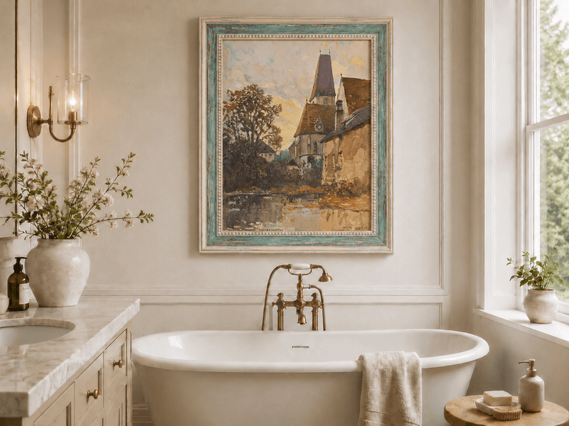 Landscape Oil Painting - Old Church Beside a Quiet Village Stream