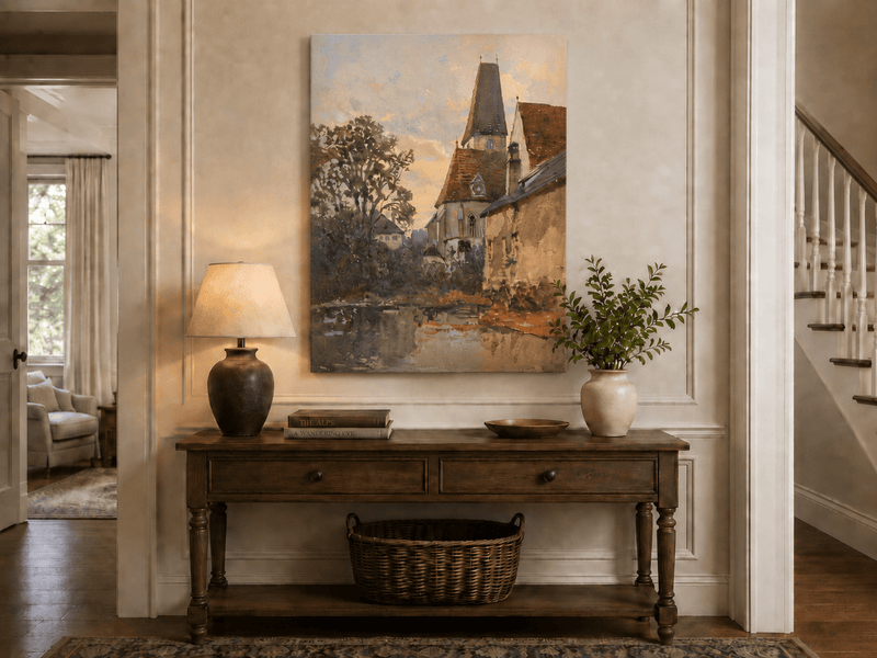 Landscape Oil Painting - Old Church Beside a Quiet Village Stream