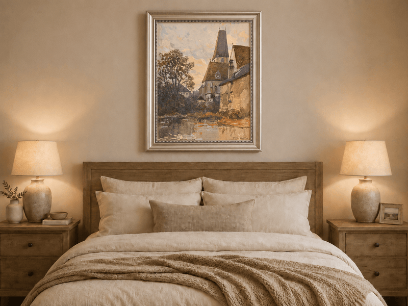Landscape Oil Painting - Old Church Beside a Quiet Village Stream