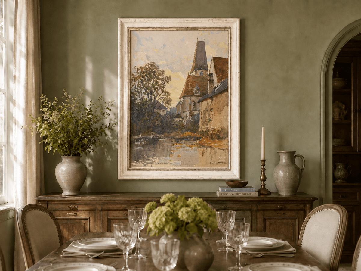Landscape Oil Painting - Old Church Beside a Quiet Village Stream