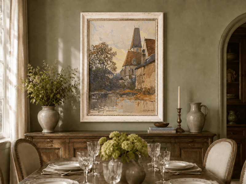Landscape Oil Painting - Old Church Beside a Quiet Village Stream
