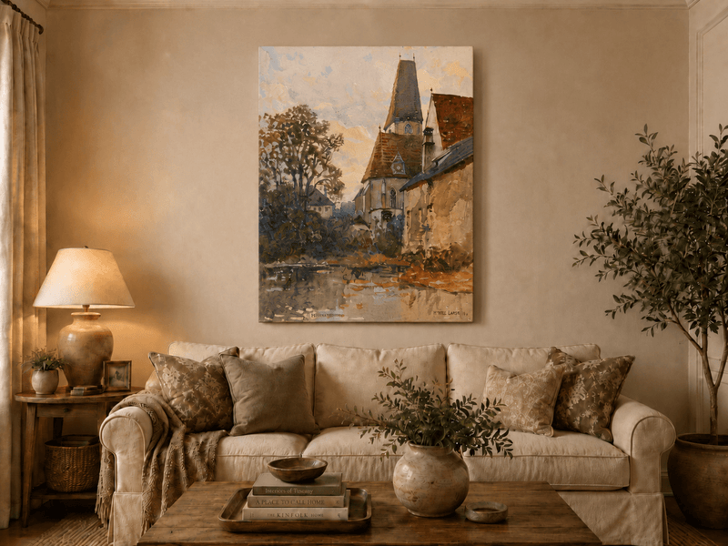 Landscape Oil Painting - Old Church Beside a Quiet Village Stream