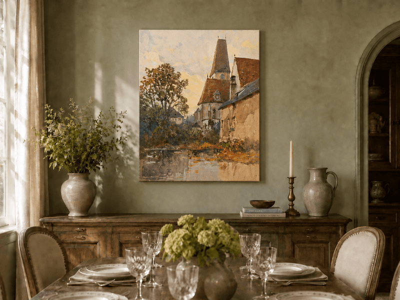Landscape Oil Painting - Old Church Beside a Quiet Village Stream