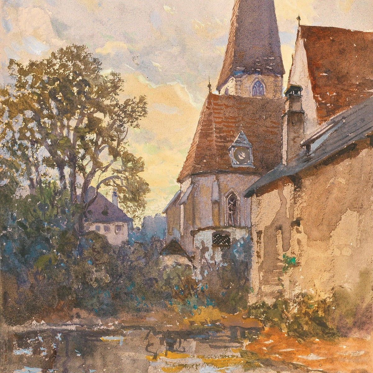 Landscape Oil Painting - Old Church Beside a Quiet Village Stream - Oil Painting Haven