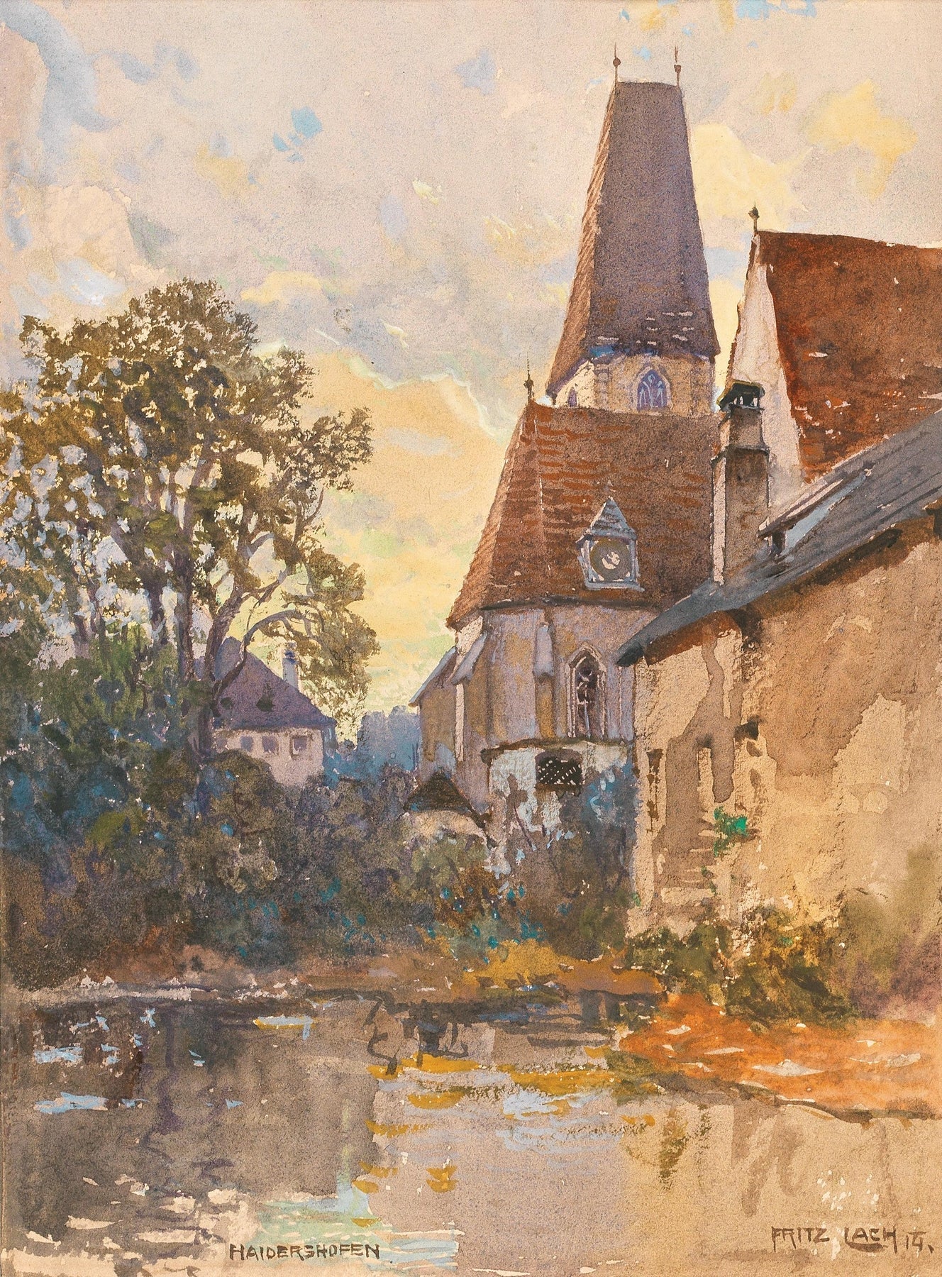 Landscape Oil Painting - Old Church Beside a Quiet Village Stream - Oil Painting Haven
