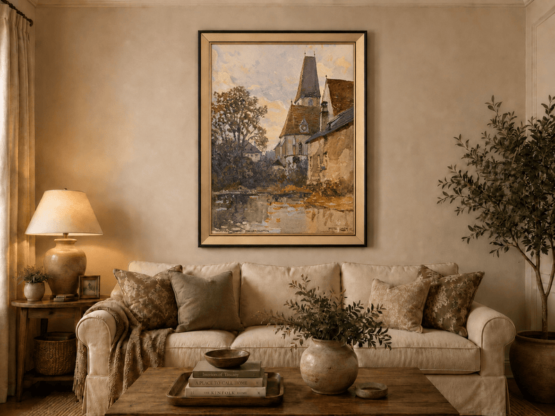 Landscape Oil Painting - Old Church Beside a Quiet Village Stream