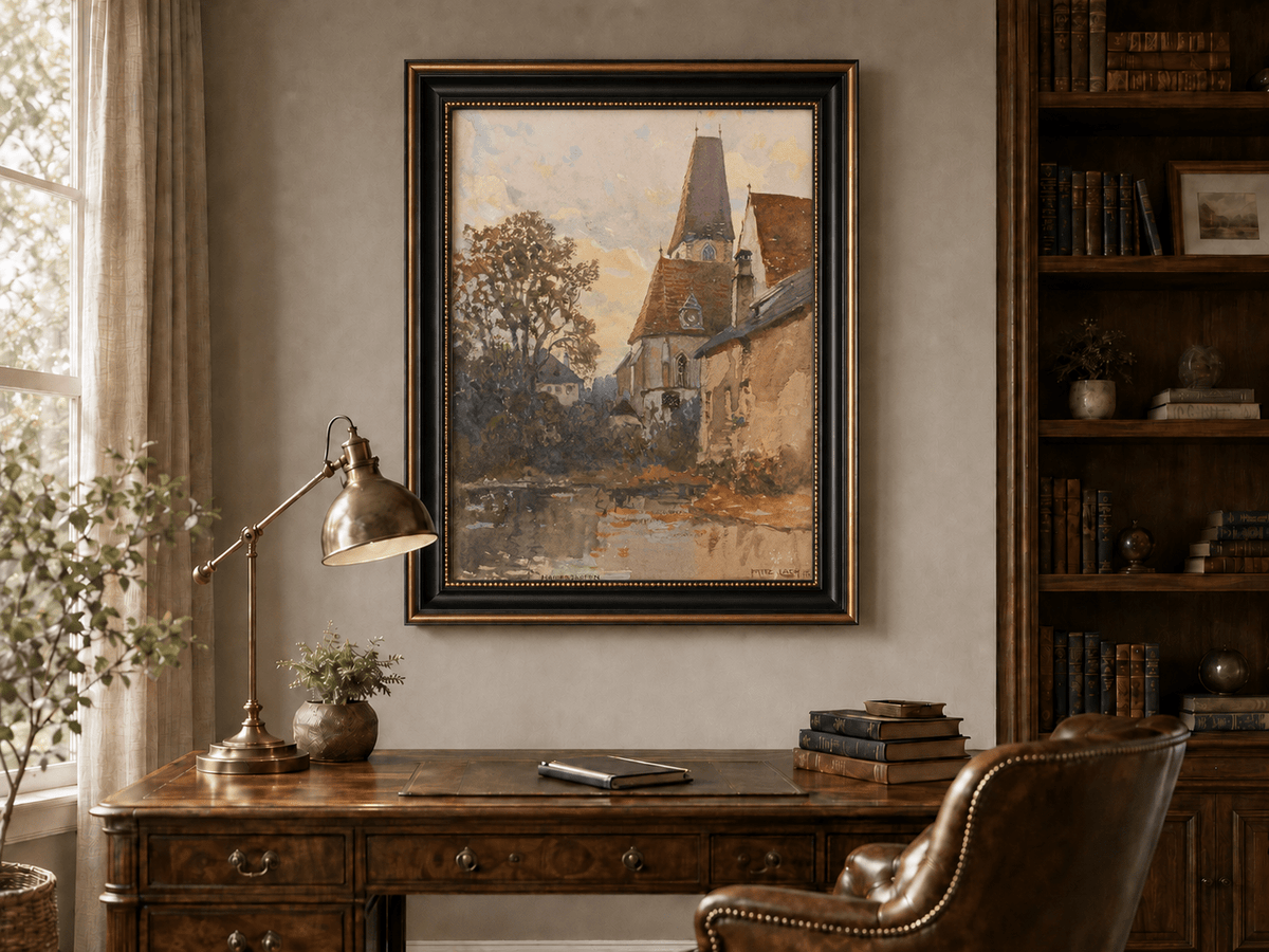 Landscape Oil Painting - Old Church Beside a Quiet Village Stream