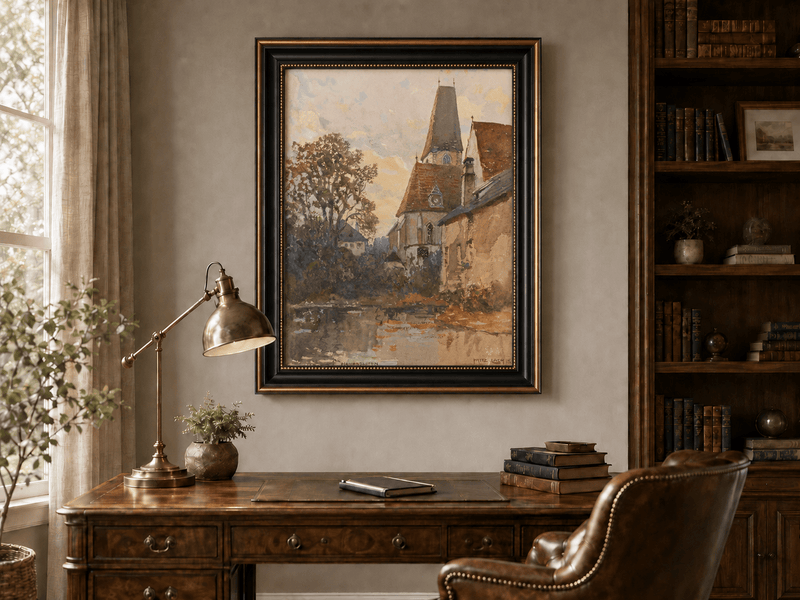 Landscape Oil Painting - Old Church Beside a Quiet Village Stream