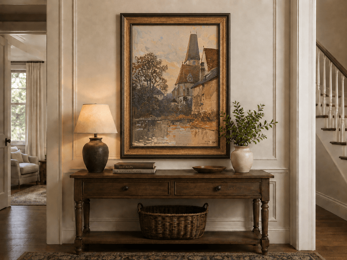 Landscape Oil Painting - Old Church Beside a Quiet Village Stream