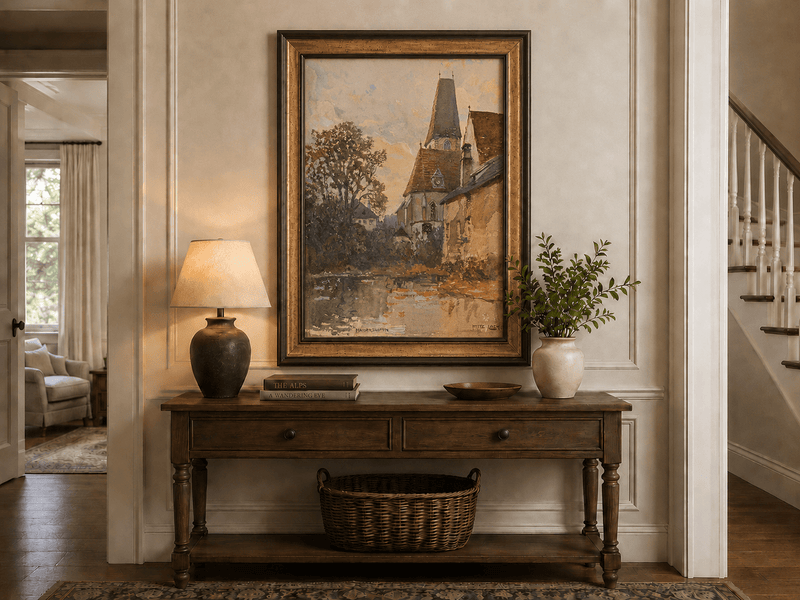 Landscape Oil Painting - Old Church Beside a Quiet Village Stream