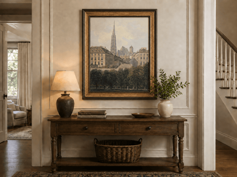 Landscape Oil Painting - Old City Park and Cathedral Spire View