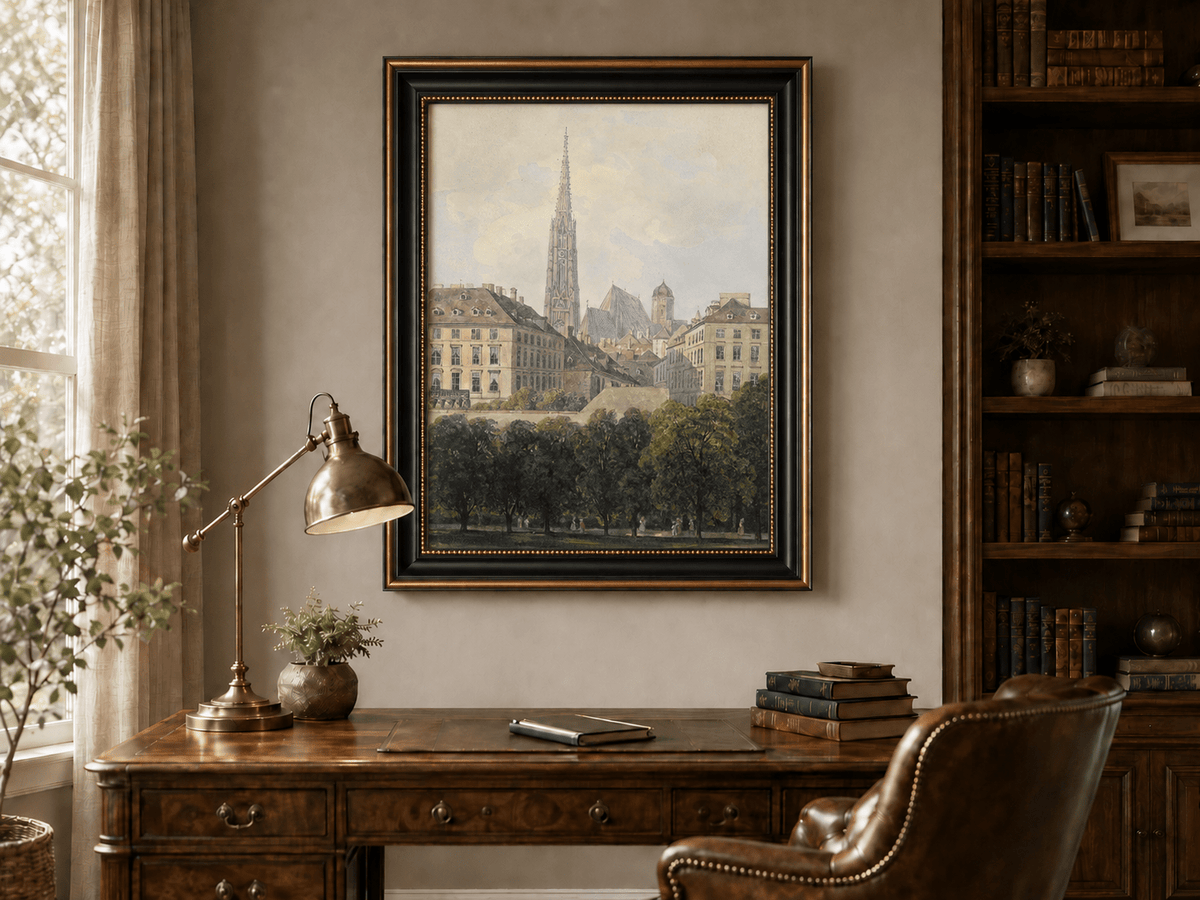 Landscape Oil Painting - Old City Park and Cathedral Spire View
