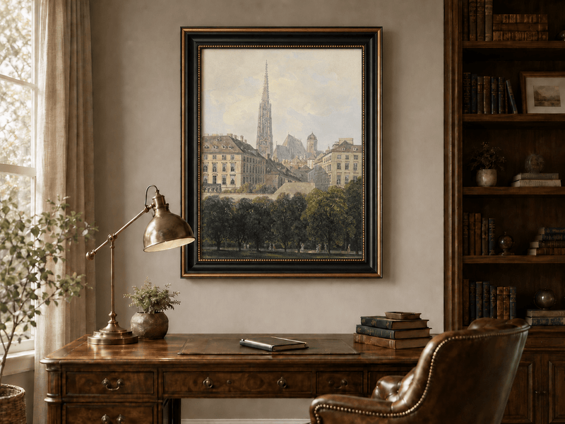 Landscape Oil Painting - Old City Park and Cathedral Spire View
