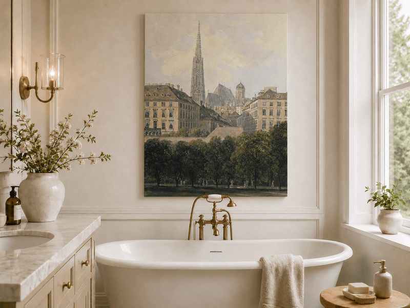 Landscape Oil Painting - Old City Park and Cathedral Spire View