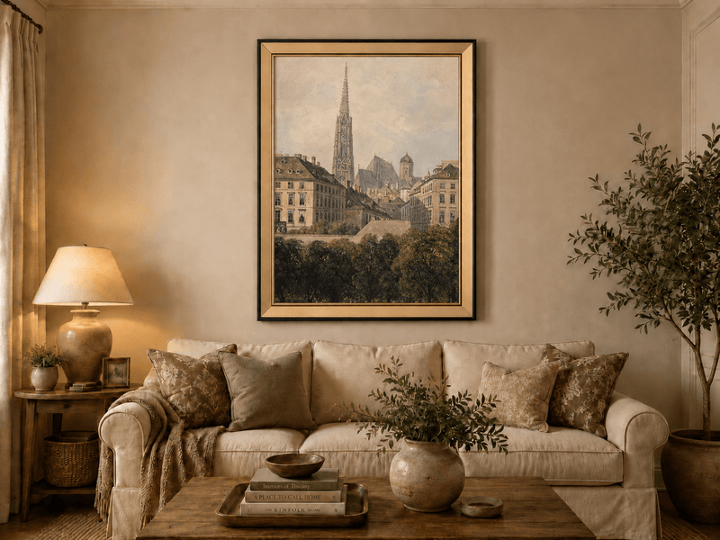 Landscape Oil Painting - Old City Park and Cathedral Spire View