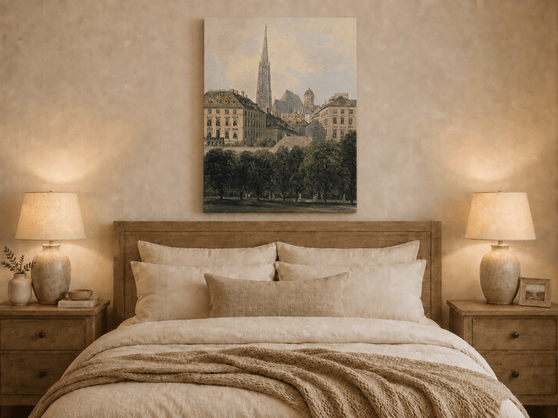 Landscape Oil Painting - Old City Park and Cathedral Spire View
