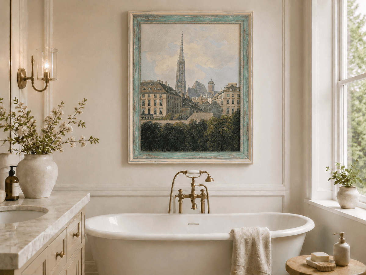 Landscape Oil Painting - Old City Park and Cathedral Spire View